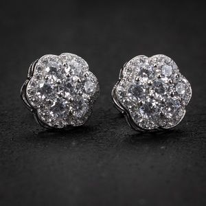 Large Hip Hop Flower White Gold Sterling Silver Cluster  Stud Earrings